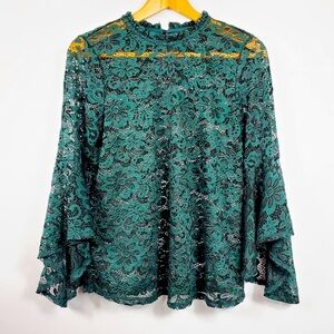 Dark Green Lace Top Womens S Sheer Long Sleeve Bell Sleeve Ruffle Whimsical Goth